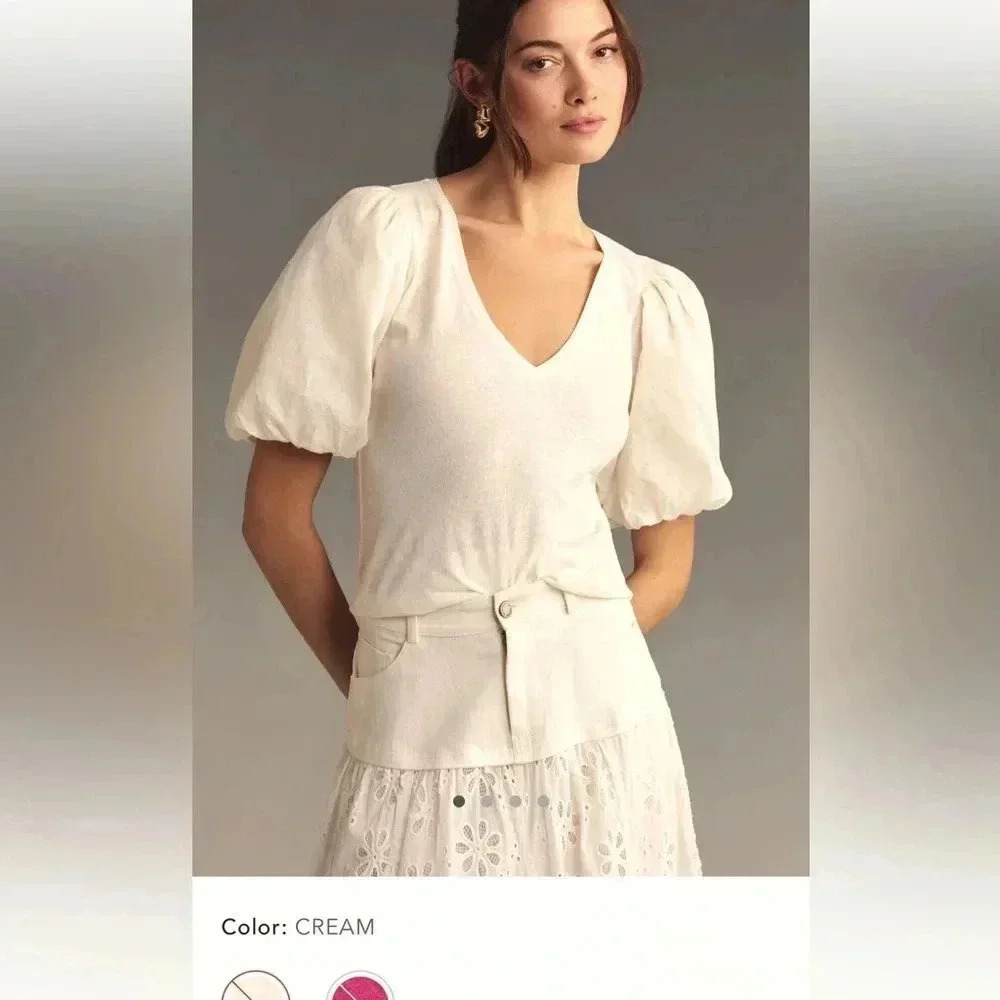 NWT new Anthropologie puff sleeve v-neck top tee shirt medium cream white